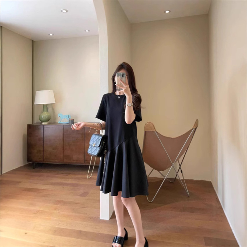 Light luxury line! Nordic Niche Minisse Style Casual Pure Cotton Asymmetric Design Sense Short-sleeved dress Small Black Dress for Women Light luxury line! Nordic Niche Minisse Style Casual Pure Cotton Asymmetric Design Sense Short-sleeved dress Small Black Dress for Women