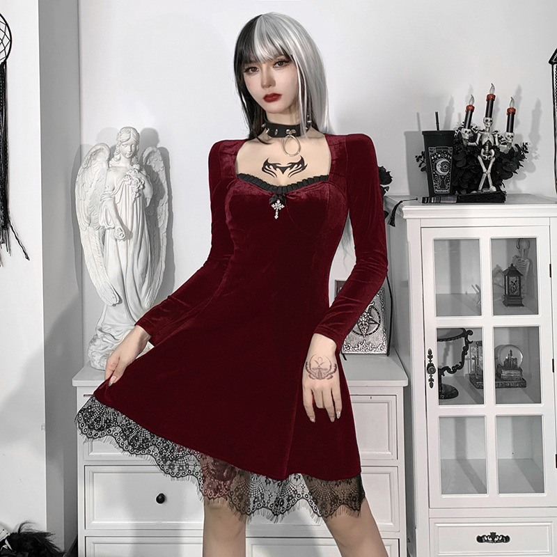 Dark Style Solid Color Suede Long-Sleeved Lace Stitching Dress NSGYB99090