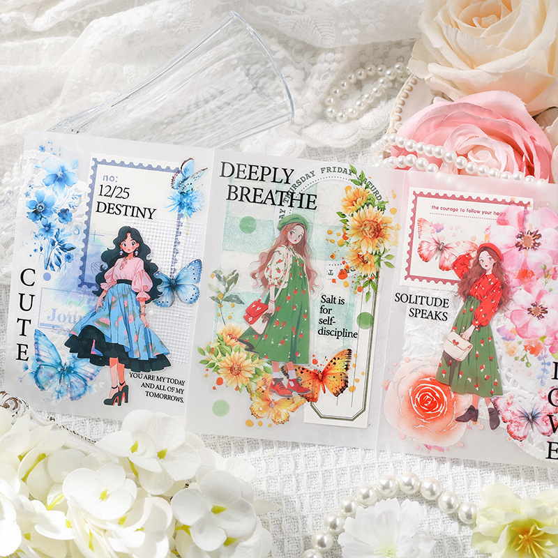 Movimiento de arbusto de flores transparente pegatinas impermeables DIY pegatinas de diario mariposa transfronteriza flor pegatinas de flores retro