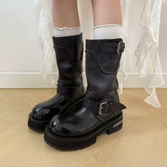 水洗牛皮机车短靴女复古街头暗黑风增高厚底中筒靴