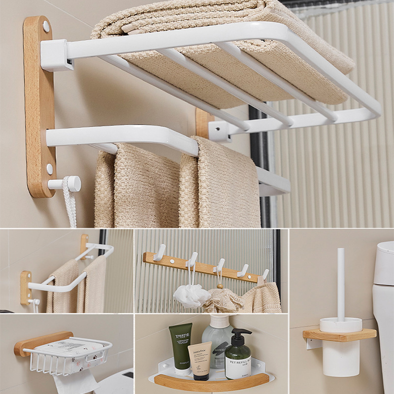 Toilet Bathroom Solid Wooden Bath Towel Rack Toilet Non-perforated Folding Double-pole Towel Rack Bathroom Set
