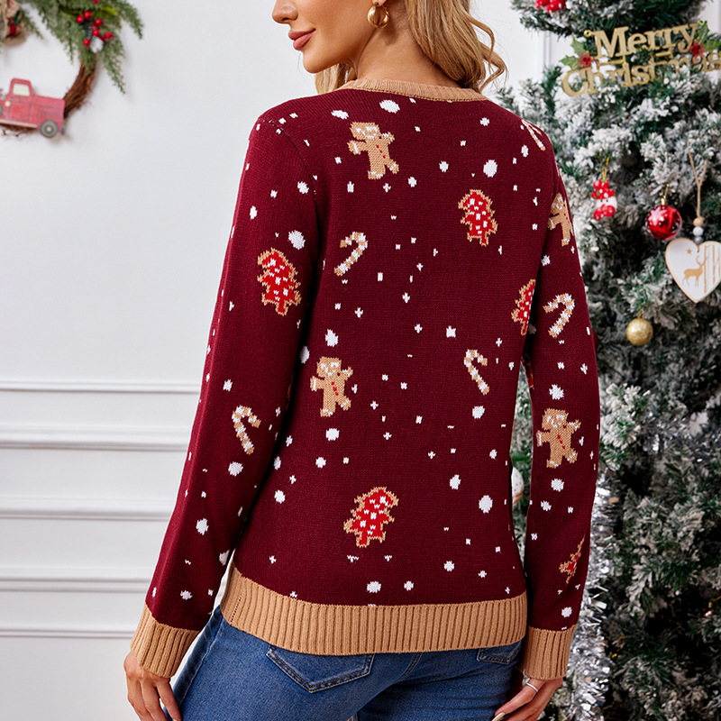 Women's Clothing Christmas sweater women's autumn and winter sweater gingerbread man pattern long sleeve pullover sweater_voghion.com