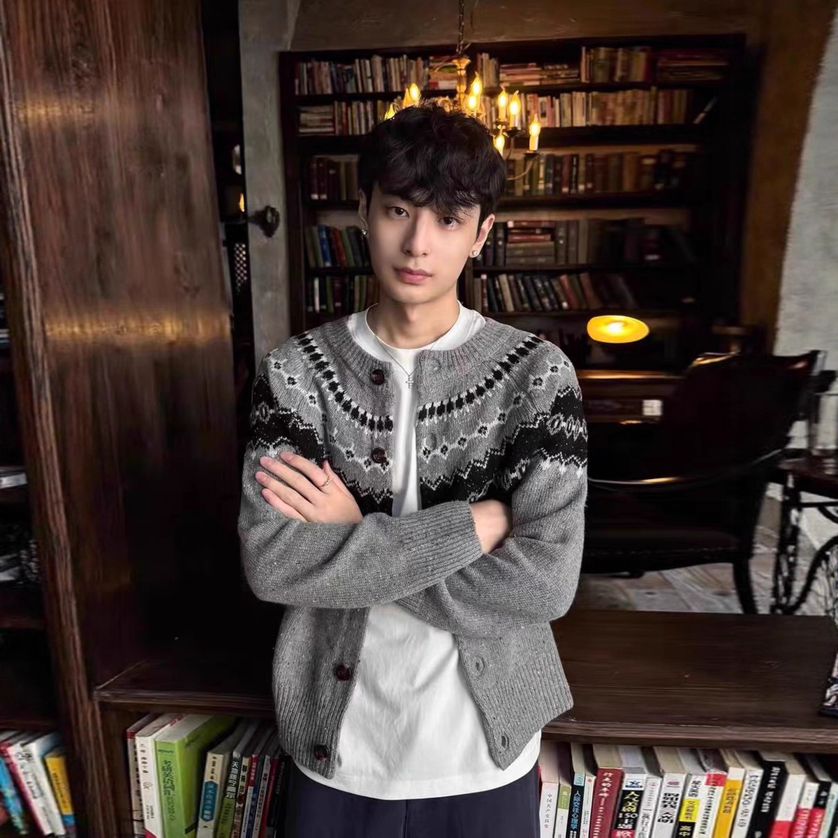 High-Quality Fair Isle Starry Sky Cardigan Sweater for Men, Wool Blend, Atmospheric, Warm and Comfortable Knitwear