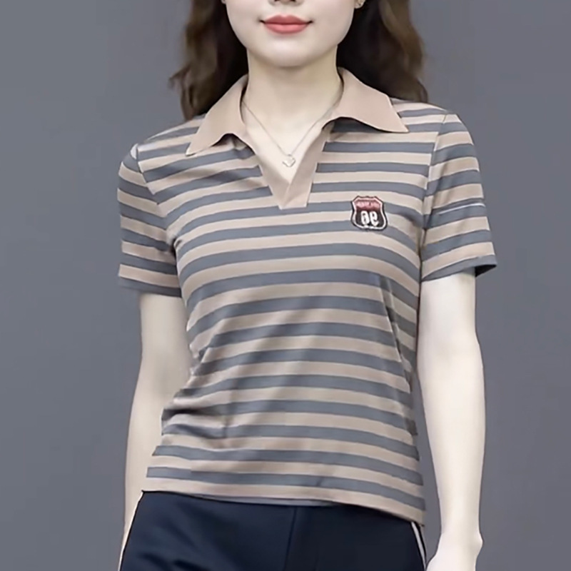 Cross-Border Striped Short-Sleeve Polo Shirt Top for Women, Plus Size, Fashionable Versatile Collared T-Shirt