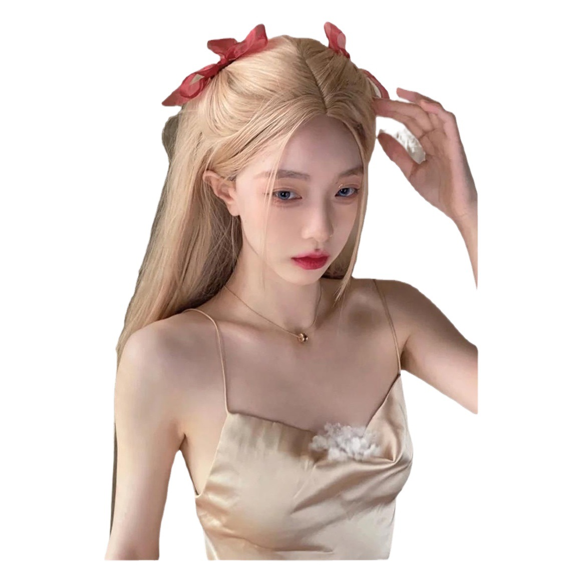 Xingcheng Peluca de mediana longitud femenina pelo largo femenino Grupo Rosa mismo estilo blanco dorado moda pelo largo recto cubierta de cabeza completa