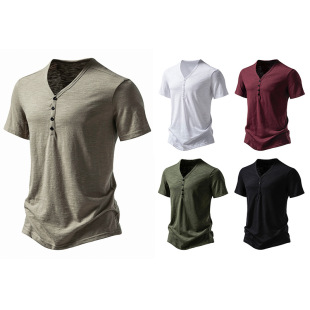2024 New Amazon Four-button Men's V-neck Bamboo Short-sleeved T-shirt