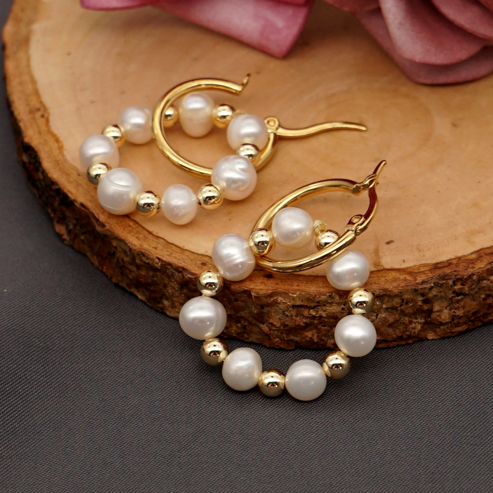 Baroque Pearl Beads Circle Earrings display picture 3