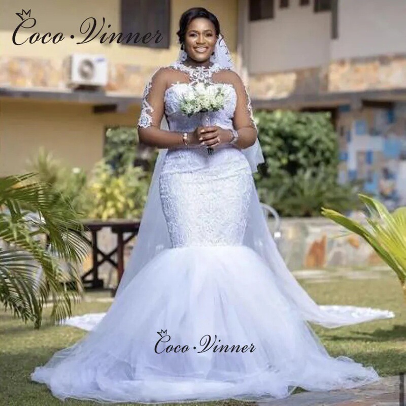 Luxurious Plus-Size A-Line Bridal Gown with Lace, Sheer Long Sleeves, Round Neckline, Appliques, Pearls, Beading, and Layered Skirt 2026