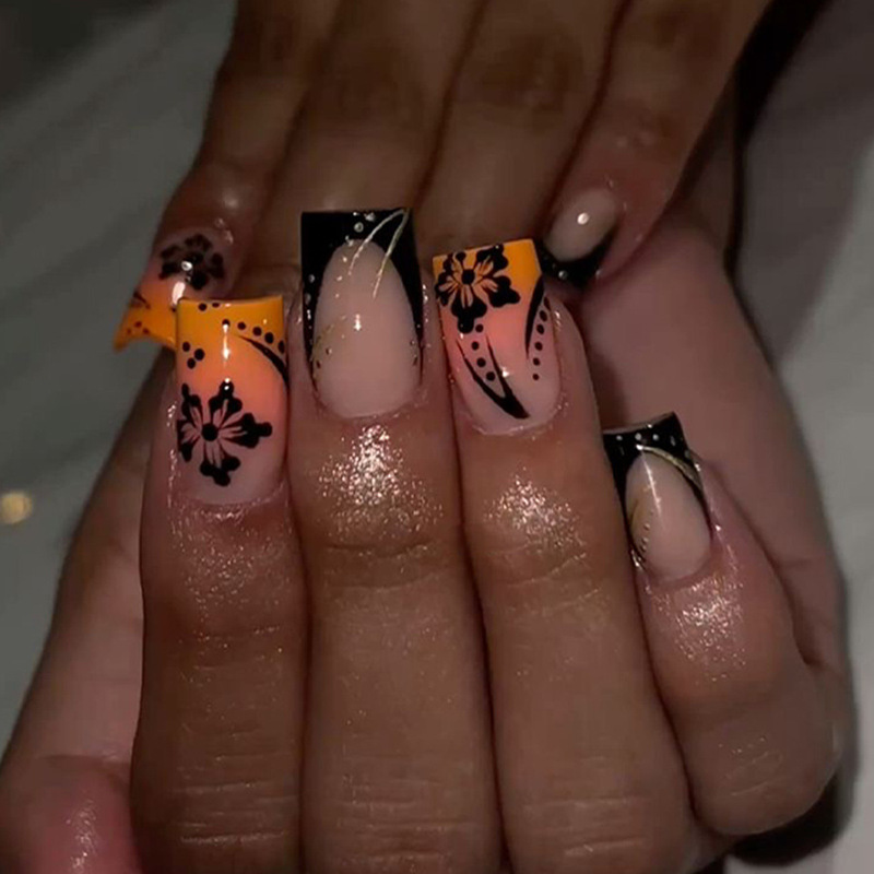 Y2K Gradient Orange Black Flower French Wearing Armor Removable Nail Stickers Fake Nail Finished Products Wholesale Nail Art Medium Square Armor