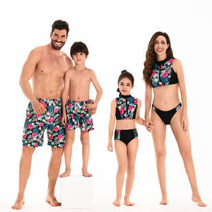 A family of four swimsuit foreign trade European and American mother and daughter split bikini father and son beach pants parent-child outfit