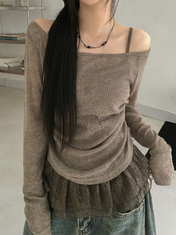 欧美甜美清新风蝴蝶结拼接抽褶蕾丝纯欲风温柔修身长袖单肩上衣|undefined