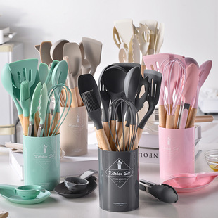 Cross-border new light version wooden handle silicone kitchenware suit round barrel 14-piece non-stick pan cooking shovel spoon Kitchen Tools