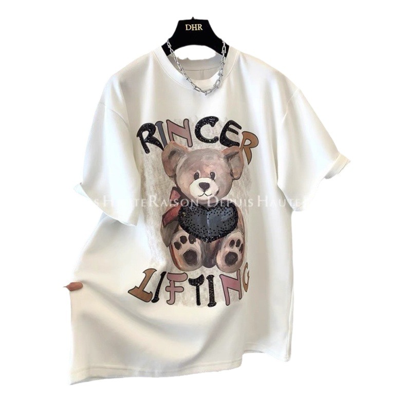 Camiseta de manga corta con estampado de oso, estilo europeo, cepillada y engrosada, para mujer, nueva colección otoño/invierno 2026, top adelgazante de talla grande con media manga. image 1