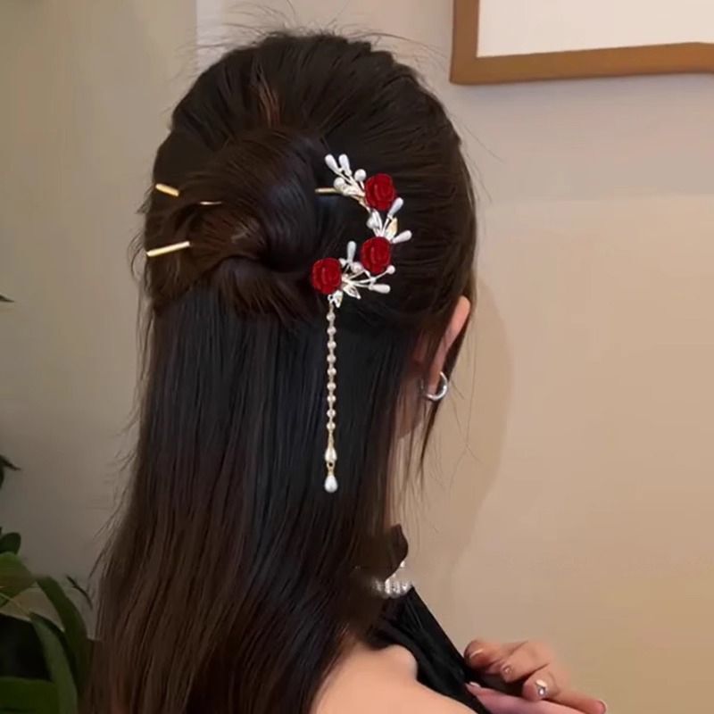 赤いU字型ヘアピン、高級ブライダルチャイニーズタッセル、古代風ヘアピン、後頭部漢服、女性用新年ヘアピン|undefined