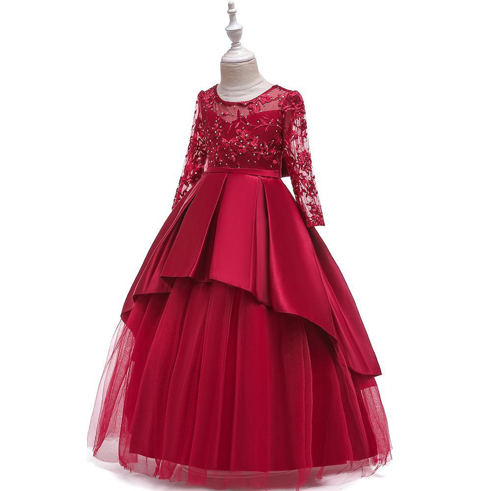 Vestido largo para niños ins vestido de princesa bordado de malla nuevo vestido de novia de manga larga para niñas fregona larga