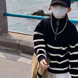 男童毛衣秋冬时尚毛线衣儿童条纹长袖套头半拉链慵懒风针织衫上衣