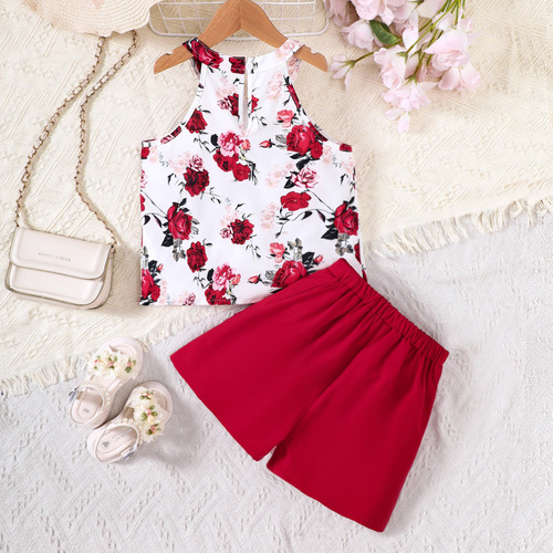 EW Children's Clothing, Middle Childhood New Girls' Summer V-Neck Top and Double-Collar Shorts Set DTZ973-D