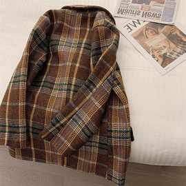 格纹毛呢西装外套女2023秋冬新款英伦加厚保暖大码感呢子大衣