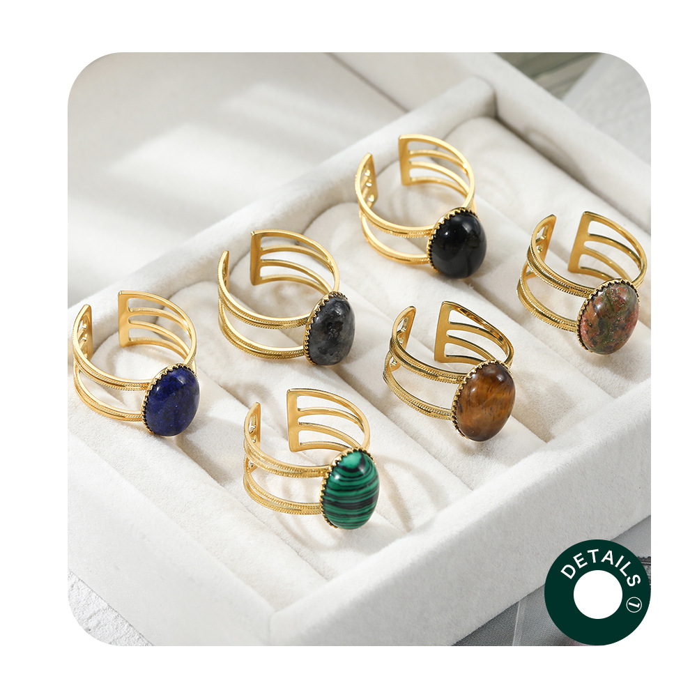 Fashion Oval Stainless Steel Plating Inlay Natural Stone Open Ring 1 Piece