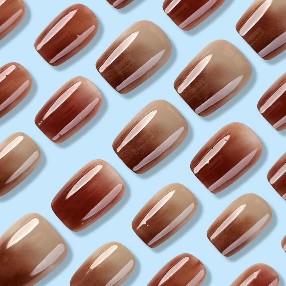 Gradiente marrón corto trapezoidal manicure estilo retrógrado simple 30 piezas de parche de uñas terminadas image 4