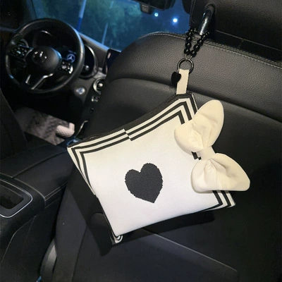 Car multi-functional hanging tissue cover tissue box bag car interior front and rear row car supplies ins Internet celebrity goddess (Car tissue box/set) - white-bow-black-love-paper-bag-black-beads-hanging-chain