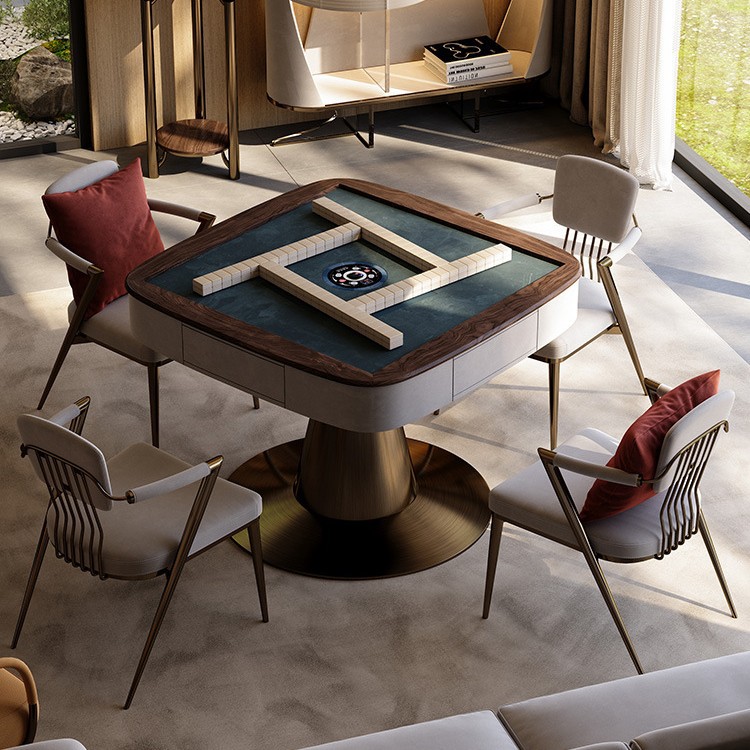 Mesa de mahjong de lujo ligero, villa de alta gama, nogal, mesa de mahjong eléctrica automática, máquina de mahjong de madera maciza multifuncional para el hogar