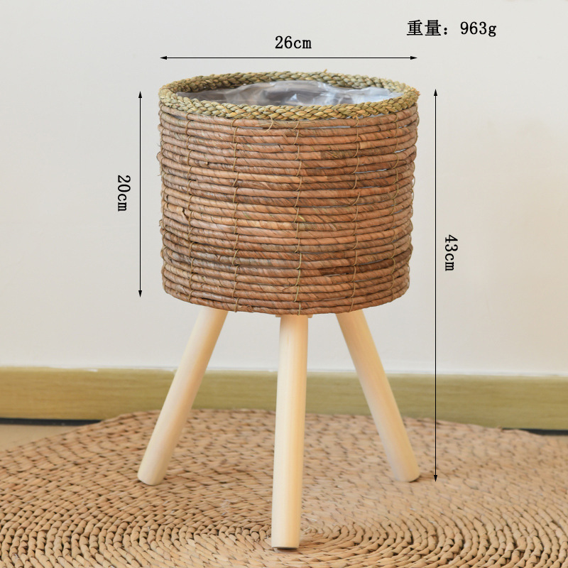 Balcón nórdico de caña decorativo de plantas estante de madera sólida sala de estar tipo piso de paja flor trenzada en maceta bambú trenzado estante