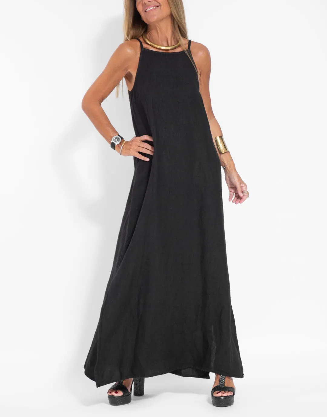 Women's Clothing Fashion Casual Cotton Linen Slit Suspender Dress_ecoleips.com