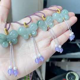 国风款天山翠精工蝴蝶流苏款天然玉石金丝玉蝴蝶萃绿吊坠直播饰品