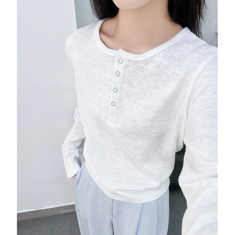 Real Shot of White Bamboo Cotton Henry Collar Long-Sleeve T-Shirt for Women, Loose and Comfortable Inner Wear, Round-Neck Base Shirt for Autumn and Winter