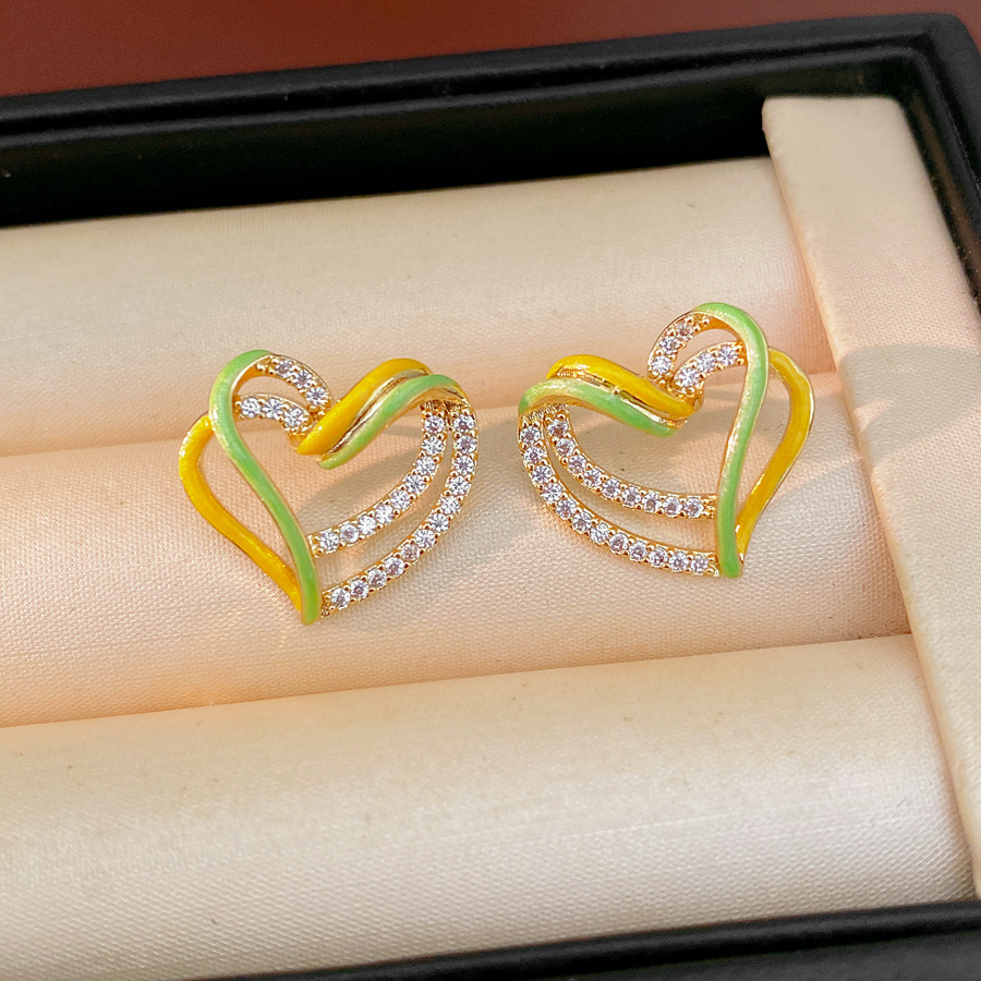 Aguja de plata de zircón de doble capa de amor pernos de orejas agujeros pequeños temperamento fresco dulce simple pendientes ligeros de lujo de alta calidad pernos de orejas