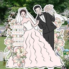 結婚式の立体ウェルカムサイン、婚約サイン、結婚式の入り口の漫画のヒューマノイドスタンド、手描きの結婚式のウェルカムサイン