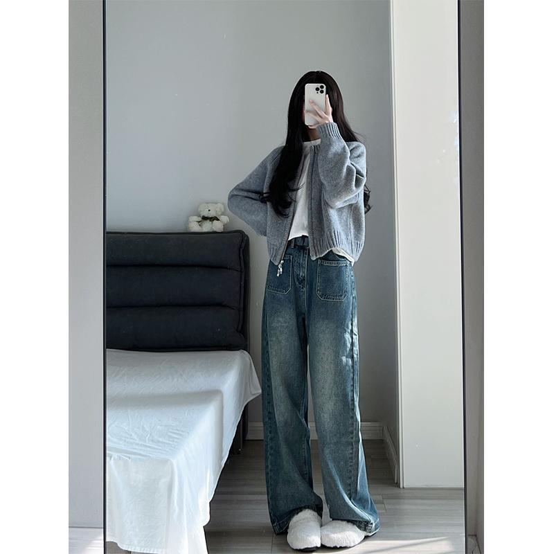 秋装搭配一整套2025新款针织开衫毛衣外套女显瘦高腰牛仔裤两件套|undefined