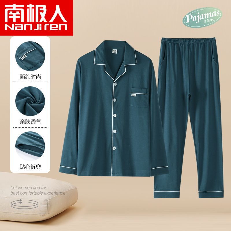 100% pijamas de algodón de primavera y otoño de los hombres de manga larga de solapa más tamaño traje de algodón para el hogar
