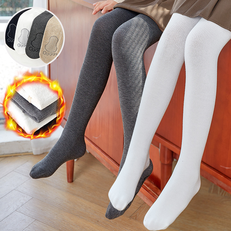 女童连裤袜秋冬白色加绒舞蹈袜秋薄绒竖条纹小脚丫儿童加厚打底裤