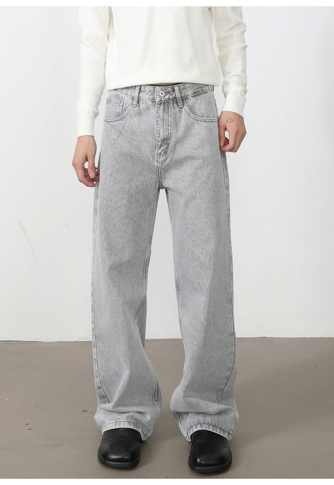 Quần jean nam ống rộng dáng suông thoải mái kiểu Mỹ, vải denim xử lý giặt mài, lưng trung, dài quần — Xanh da trờicolor, Xám đen, màu xám nhạt chi tiết 11