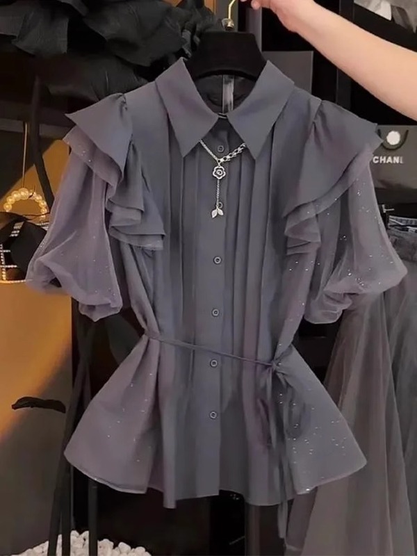 法式独特高级感小衫别致漂亮设计感小众纯色泡泡袖衬衫上衣女夏季|undefined