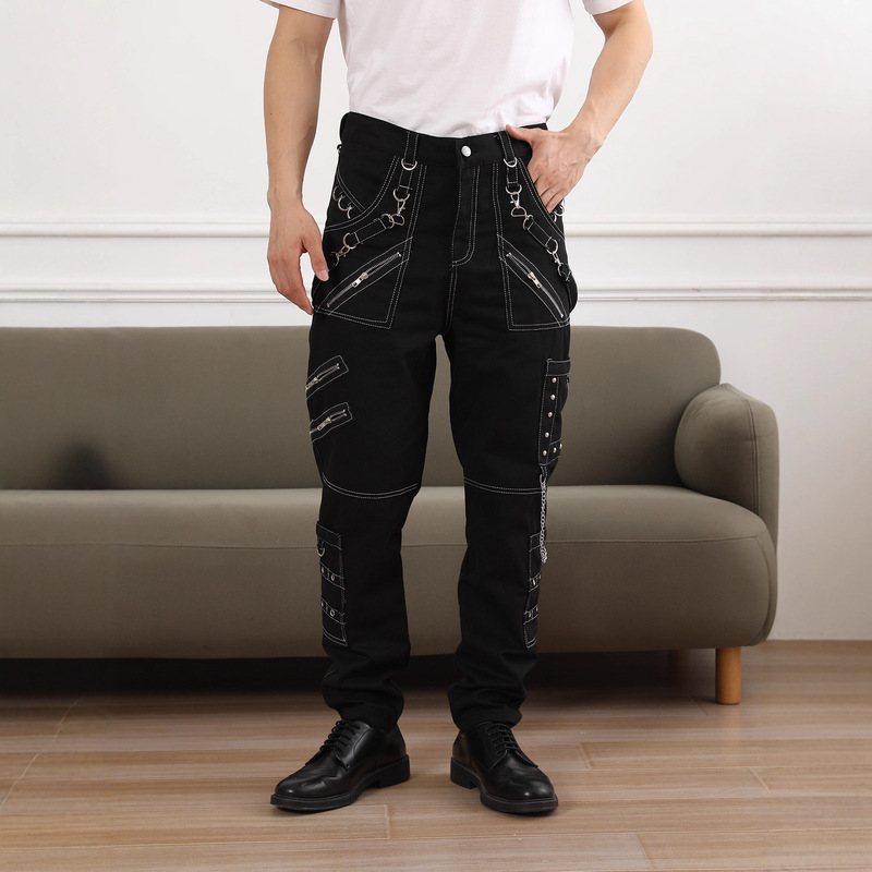 Chain Decoration Personality Casual Pants Men Gothic Pants Punk Rock Eyelet Cargo Pants Bondage Jeans