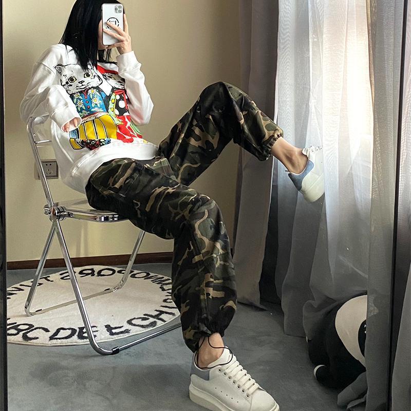 レトロ迷彩国潮工装ズボン女2023秋薄ins潮アメリカ高街hiphopストレートズボン|undefined