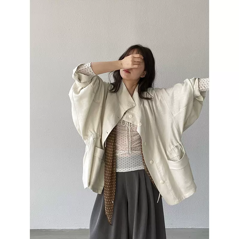 江左 莱赛尔亚麻风衣外套女高级感落肩抽褶形中长款春装新款 1800