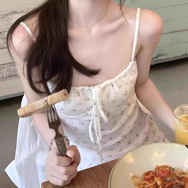 法式白色bm碎花吊带连衣裙女夏季甜辣收腰系带裙子小个子a字短裙|undefined