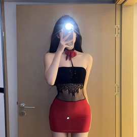 内衣挂脖红色镂空抹胸包臀御姐免脱性感睡衣露背睡裙包臀裙透视装