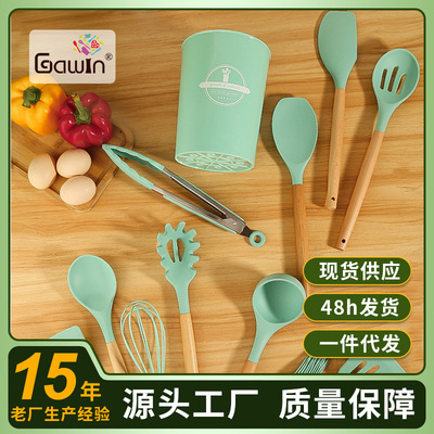 Cross border Wooden handle Kitchenware non-stick cookware Spatula ladle a soup spoon Spatula Storage bucket Silicone cookware 12 Set of parts