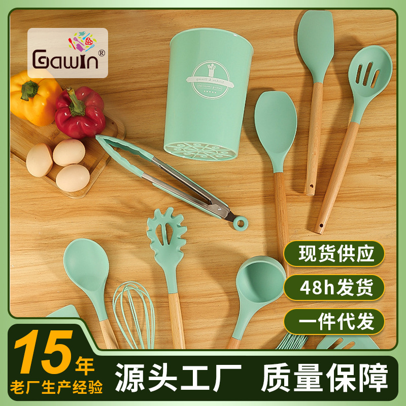 Cross border Wooden handle Kitchenware non-stick cookware Spatula ladle a soup spoon Spatula Storage bucket Silicone cookware 12 Set of parts