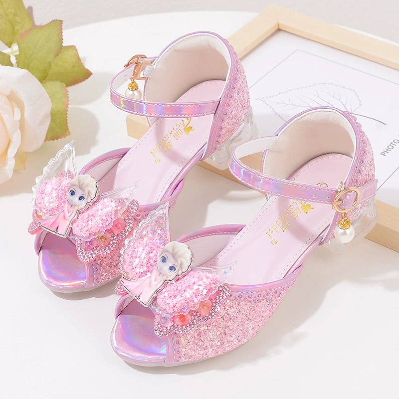 Летние сандалии для девочек Принцесса Айша обувь блестящие детские высокие каблуки мягкие подошвы школьницы сандалии хрустальные туфли