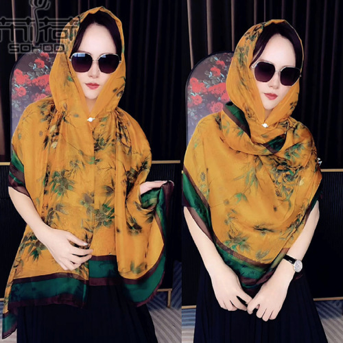 Double layer thin silk scarf women's gauze scarf magnetic buckle hooded shawl spring and summer sun protection bag turban multi-functional windproof sand hat
