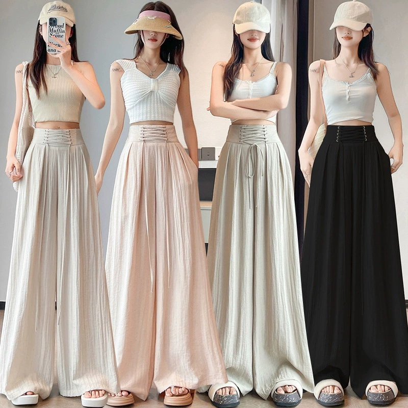 Настоящая фотография широких брюк из льна из ледяного шелка для женщин. Новинка лета 2025 года. Хлопковые и льняные брюки с высокой талией и регулируемым животом. Расклешенные брюки-юбка Yamamoto.