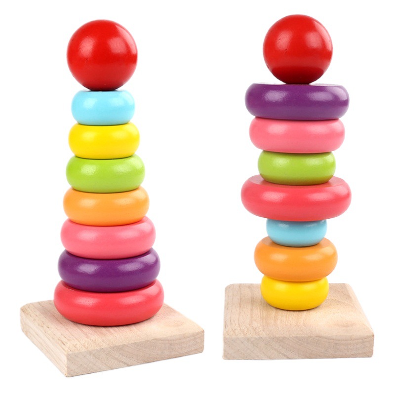 Juego de mesa interactivo educativo y divertido para niños, torre de arcoíris de madera Jenga, juguete de bloques apilables para reconocer colores.