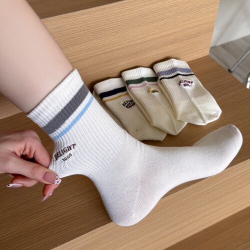 MEKKI boneless socks for women's spring mid-tube socks, cotton socks, heel embroidery stripe women's socks, boneless Korean series pile socks