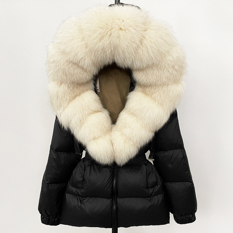 25 New Winter down Jackets for Women, Mid-Length, Waist-Cinching, Thickened, Large Fur Collar, Hooded, Fashionable, Warm Coat with Fox Fur